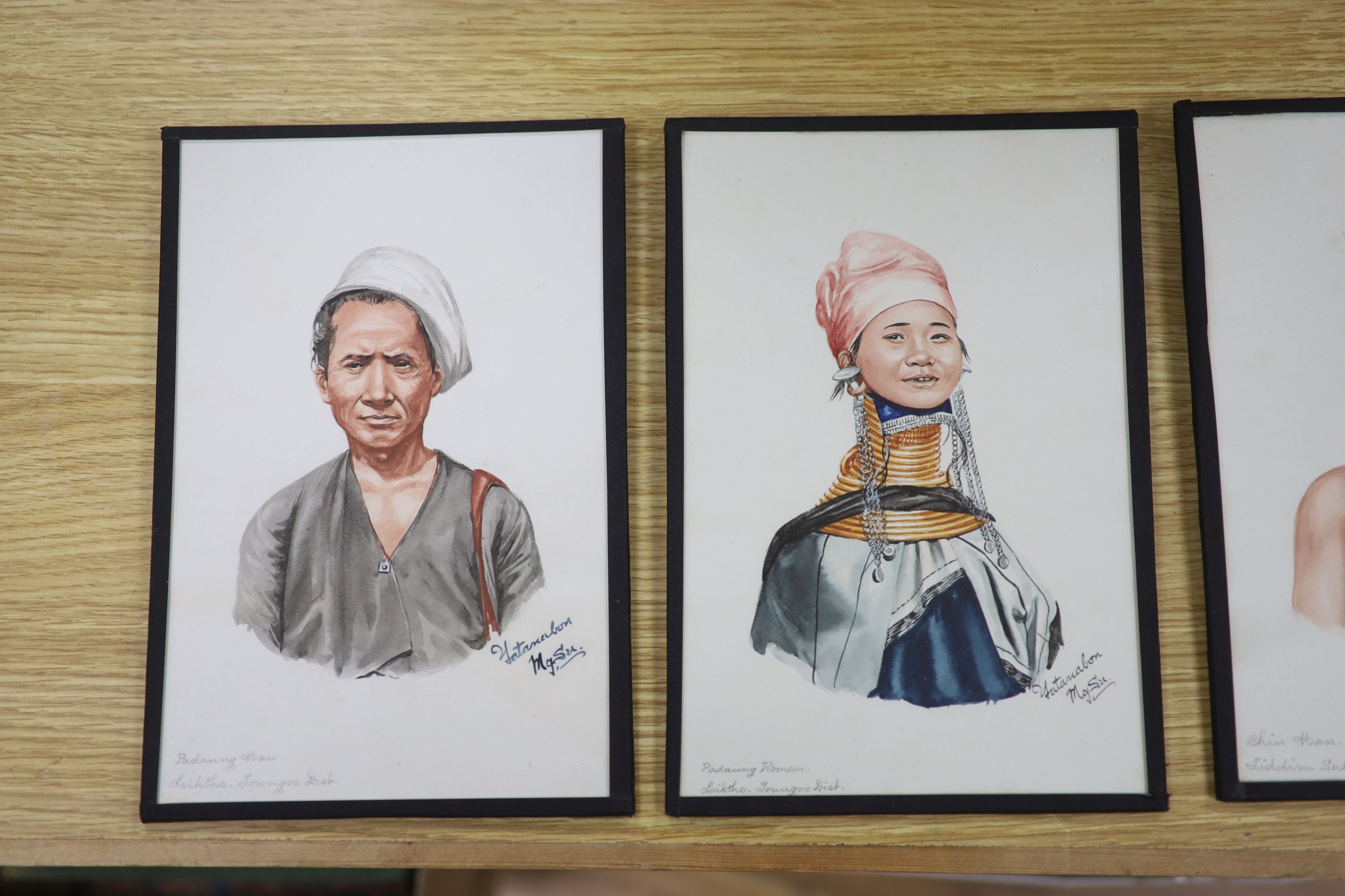 Mgsu Yatanabon, set of four watercolours, Portraits of Padaung men and women and Chin men and women, signed, 23 x 15cm